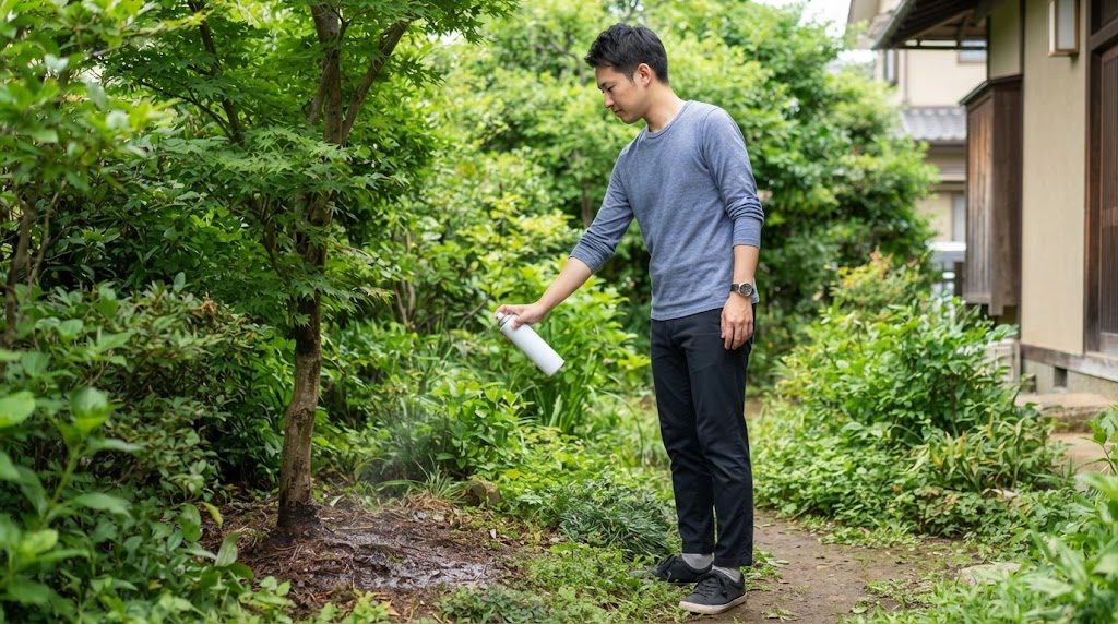 庭で、長袖・長ズボンの男性が、庭木のまわりの草むらに向けて、白いスプレー缶を腰の高さで構えている様子。近くに人や洗濯物はいない