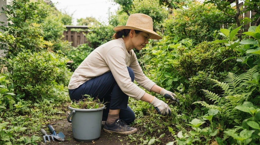 庭の植え込みの前で、長袖・長ズボン・帽子・手袋姿の女性がしゃがんで草を抜いている様子。足元にバケツと小さな園芸用具がある