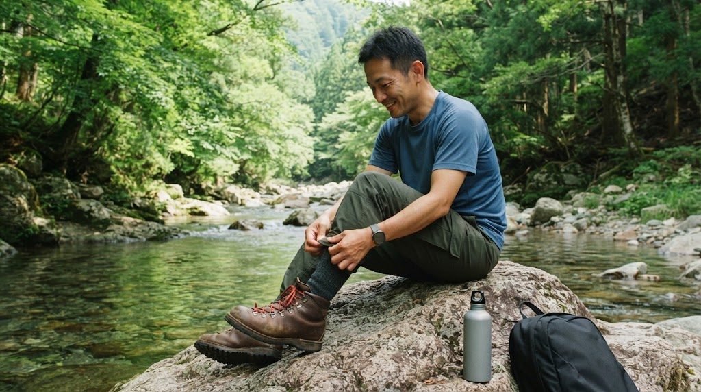 川辺の岩に座った男性が、ズボンのすそと靴下の境目に手をかけている様子。横に水筒とリュックがある