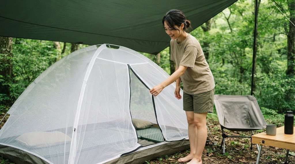 キャンプ場で、タープの下に張った白い蚊帳の入口のファスナーを、女性が片手で開けている様子