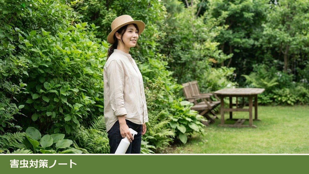 夏の庭で、帽子をかぶった女性が白いスプレーボトルを体の横に下げて立ち、後ろに木のテーブルと椅子が見える様子