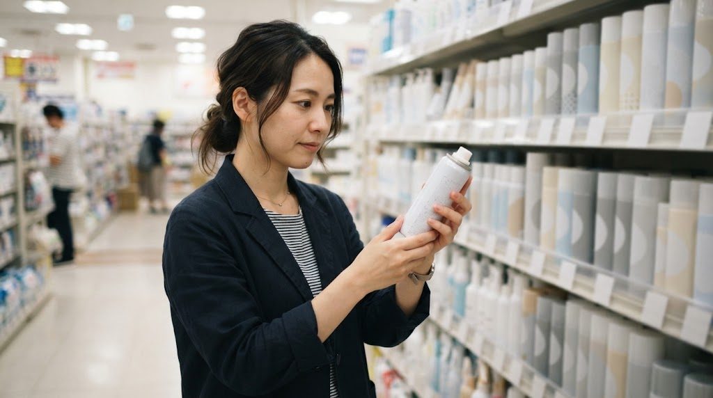ドラッグストアの売り場で、女性が無地のスプレー缶を1本手に取り、裏返して裏面の表示を読んでいる様子