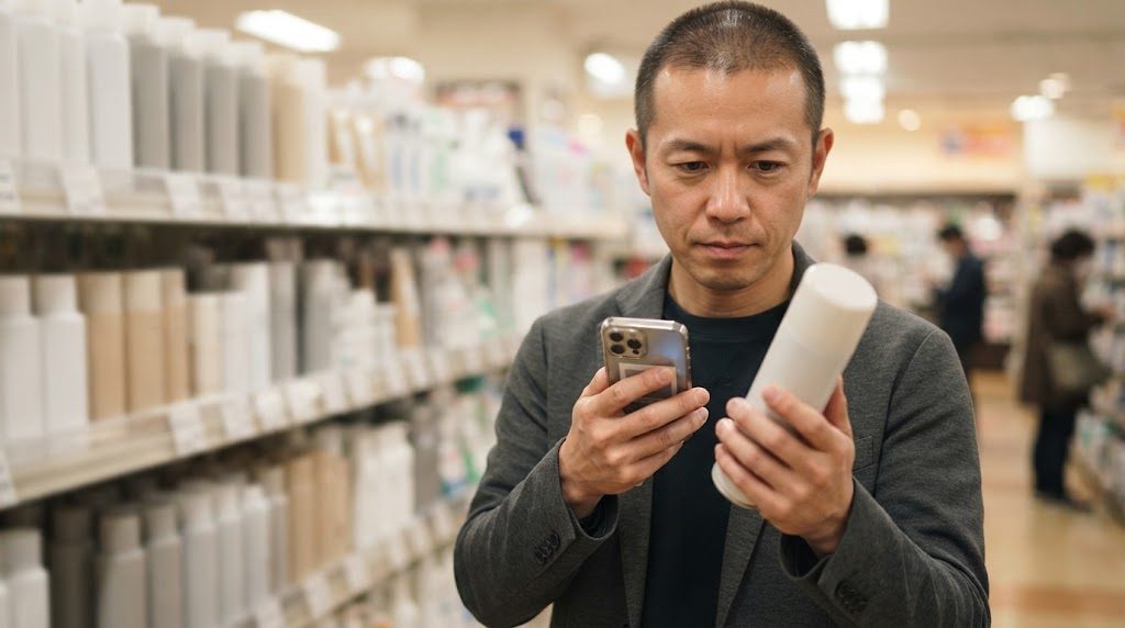 売り場で、男性がスプレー缶の裏面を見ながら、手に持ったスマホのメモと見比べている様子