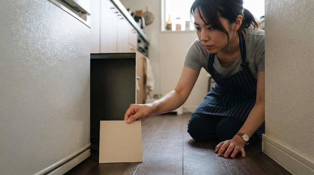 台所の冷蔵庫の脇のすき間に、床に膝をついた女性が四角い粘着トラップを置こうとしている様子