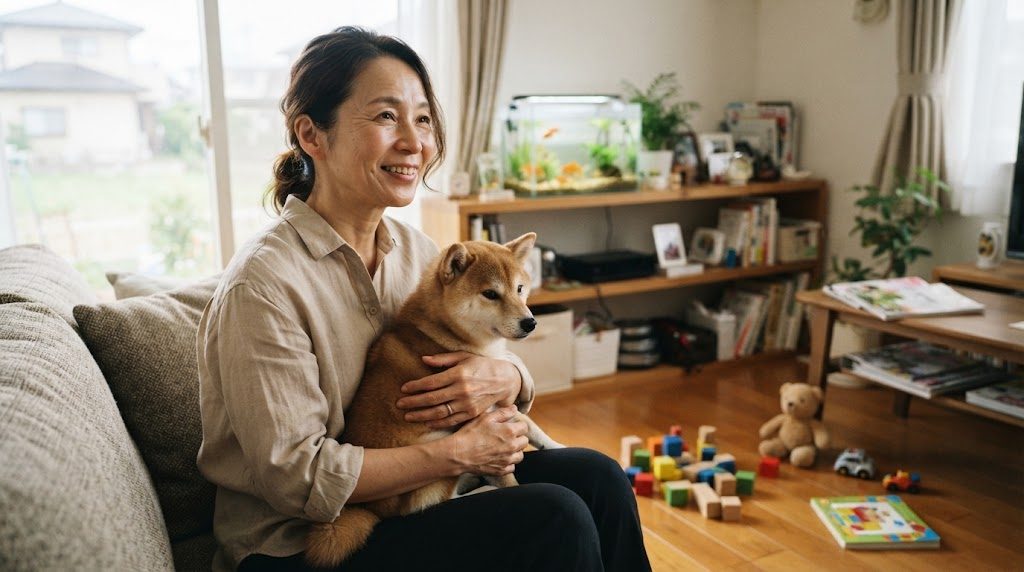 リビングで、犬を抱いた女性が、棚の水槽や床の子どものおもちゃを見回している様子