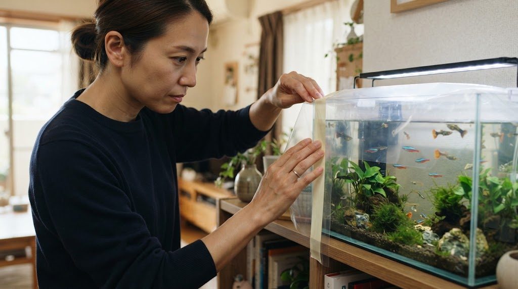 棚の上の水槽に透明のビニールをかぶせ、すき間を養生テープでとめている手元。水槽の中には小さな魚が泳いでいる