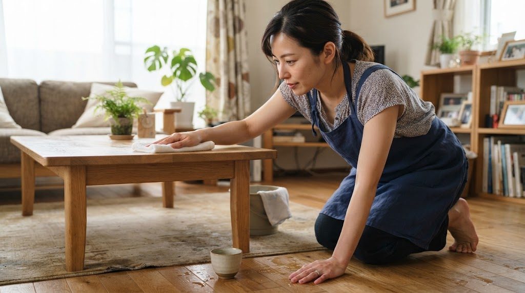 リビングの床で、膝をついた女性が布巾でローテーブルと床を水拭きしている様子