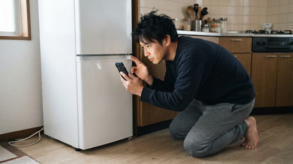 台所で、男性が床に膝をつき、スマホのライトで冷蔵庫の横のすき間をのぞきこんで確かめている様子