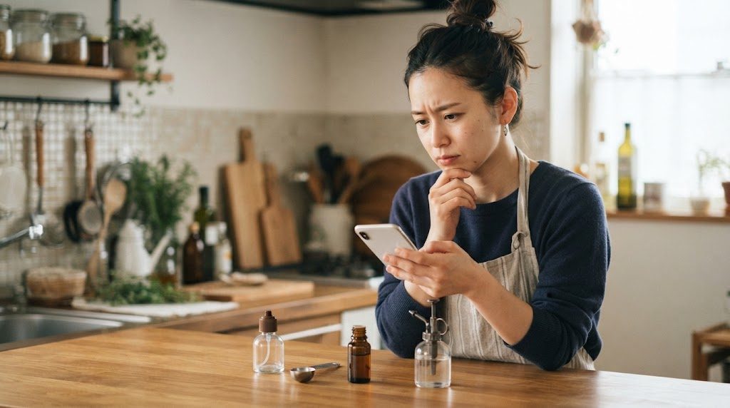 台所のカウンターに小さな精油の瓶と空のスプレーボトル、計量スプーンを置き、女性がスマホを見ながら考えている様子