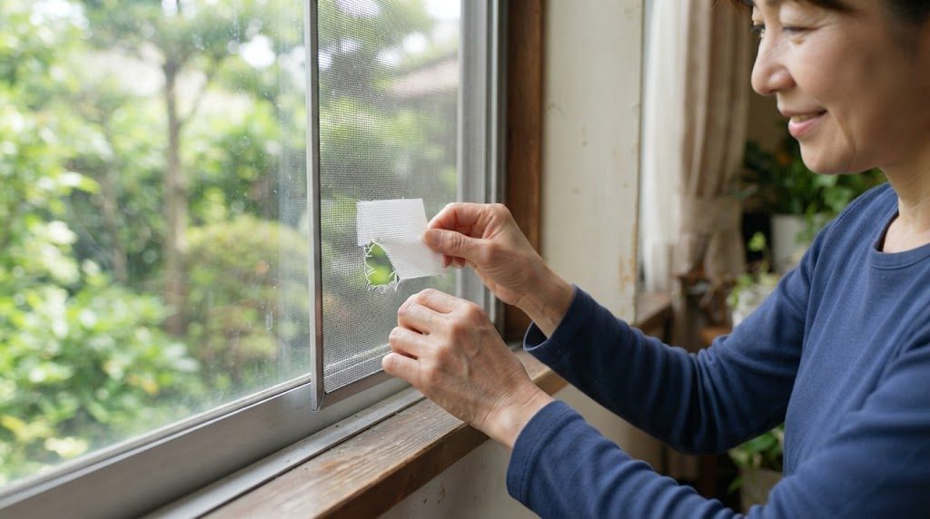 窓の網戸の小さな破れに、補修シートを貼っている手元