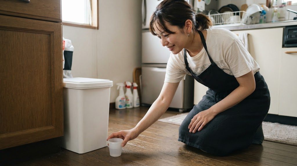 台所のふた付きごみ箱の横の床に、女性が小さなカップ型の容器を置いている様子