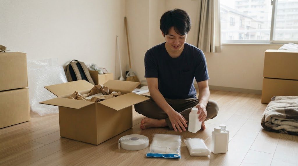 引っ越し直後のワンルームで、男性が段ボール箱から虫対策の道具を取り出して床に並べている様子
