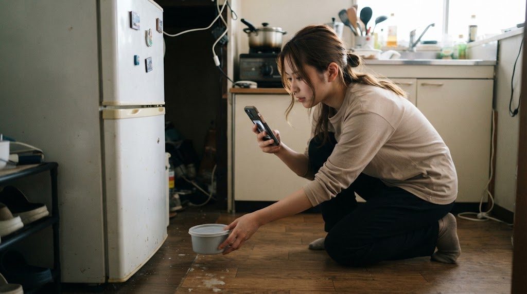 ワンルームの冷蔵庫の脇の床に、女性が小さな容器を置き、スマホで記録している様子