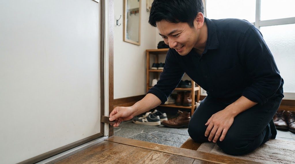 玄関ドアの下の端に、男性が隙間テープの切れ端を試しに当てている様子