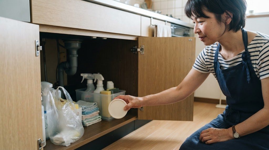 流しの下の収納の奥から、置いてあった小さな丸い容器を手に取って回収している女性