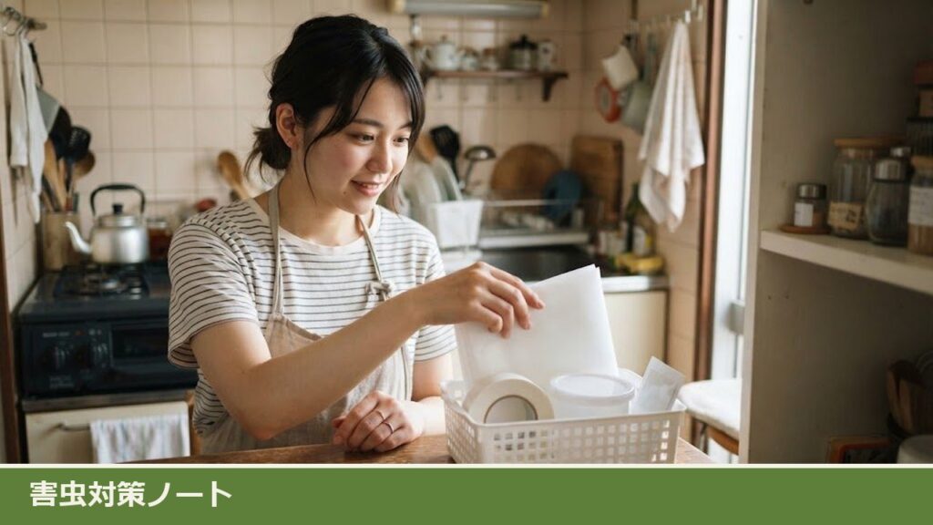 ワンルームのキッチンで、女性がカゴに隙間テープや置き型の容器、シートなどの虫対策の道具をまとめている様子