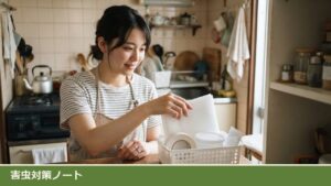 ワンルームのキッチンで、女性がカゴに隙間テープや置き型の容器、シートなどの虫対策の道具をまとめている様子