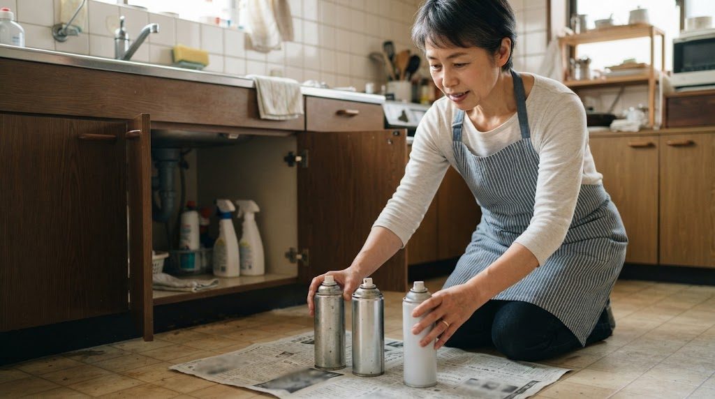 流しの下の扉を開け、女性が床の新聞紙の上に使いかけのスプレー缶を3本並べている様子