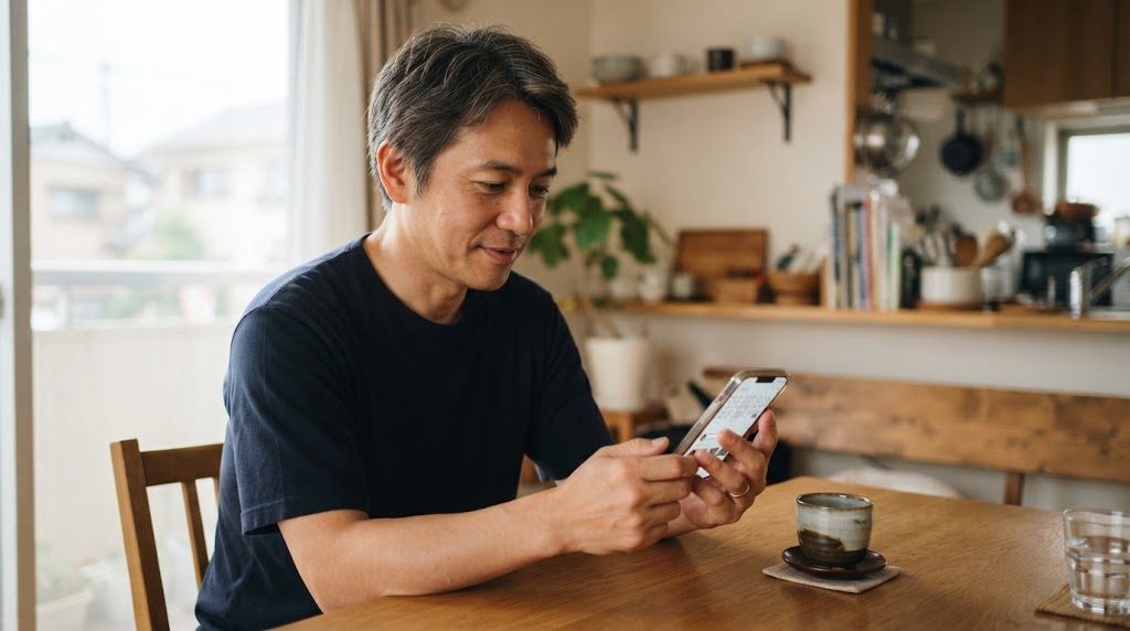 ダイニングテーブルで、男性がスマホの画面を見て調べている様子
