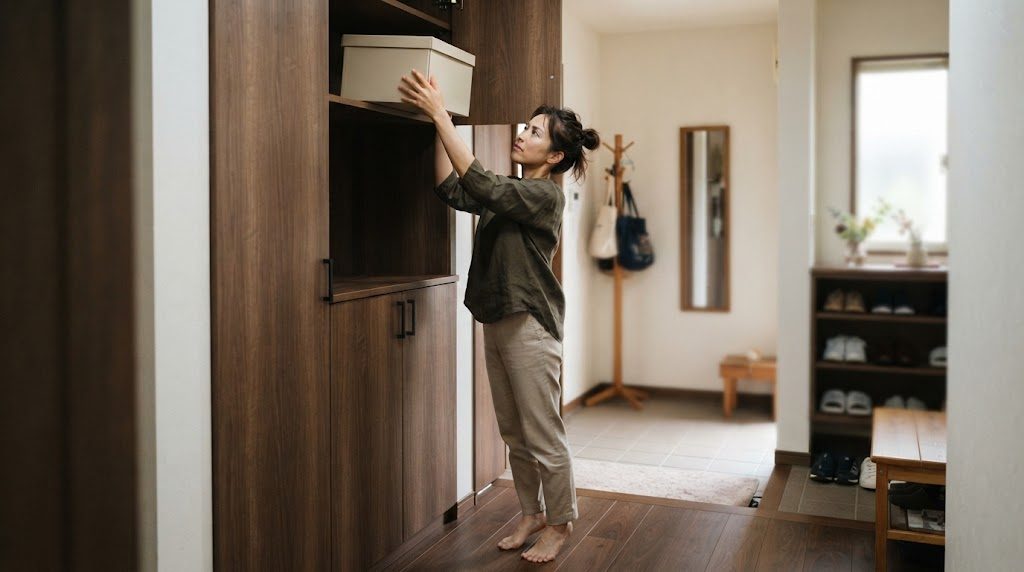玄関の収納の高い位置に、女性が背伸びをして箱をしまっている様子
