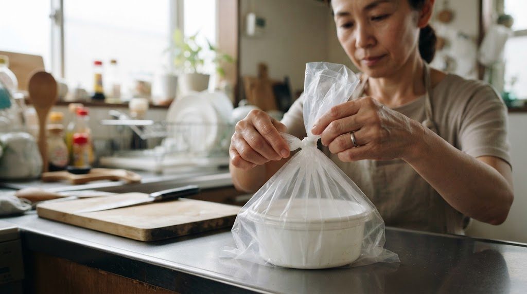 使い終えた丸い容器をポリ袋に入れ、口を結んでいる女性の手元