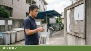 集合住宅のごみ置き場の前で、男性がスプレー缶2本を入れた透明な袋を持ち、掲示板を見て確かめている様子
