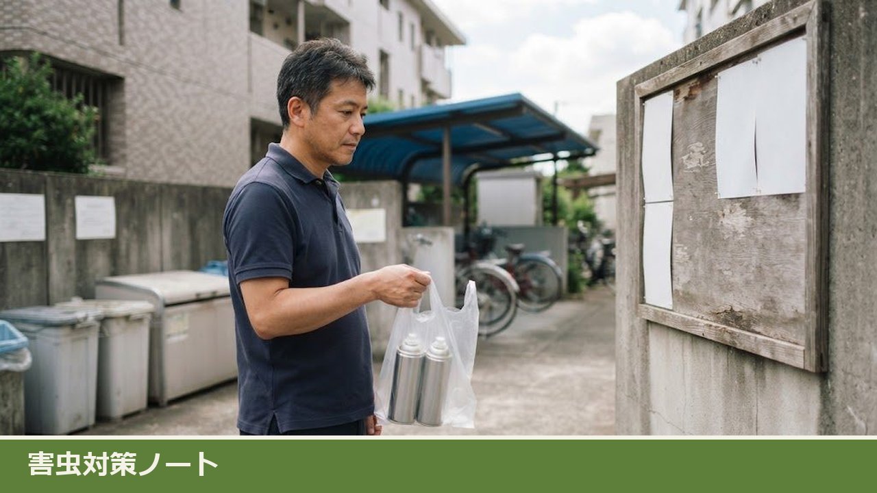 集合住宅のごみ置き場の前で、男性がスプレー缶2本を入れた透明な袋を持ち、掲示板を見て確かめている様子