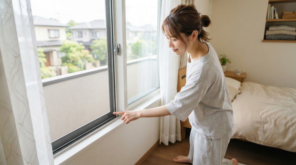朝の寝室で、部屋着の女性が窓辺にひざをつき、窓の枠の端に指先を当てて点検している様子