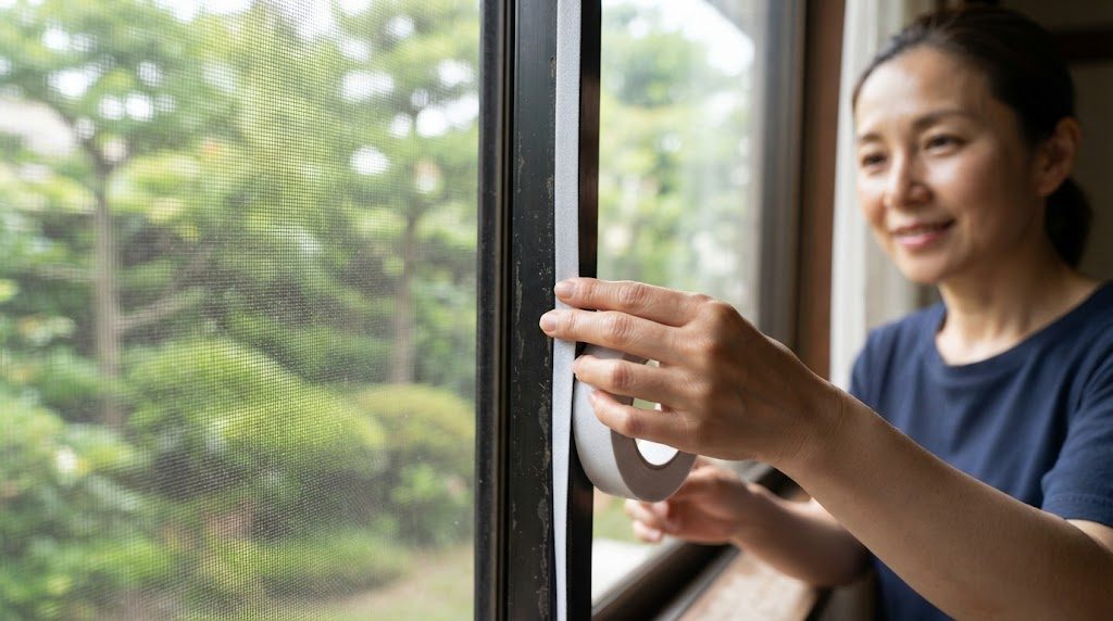 女性が網戸の枠の縁に、細い隙間テープを指で押さえながら貼っている手元