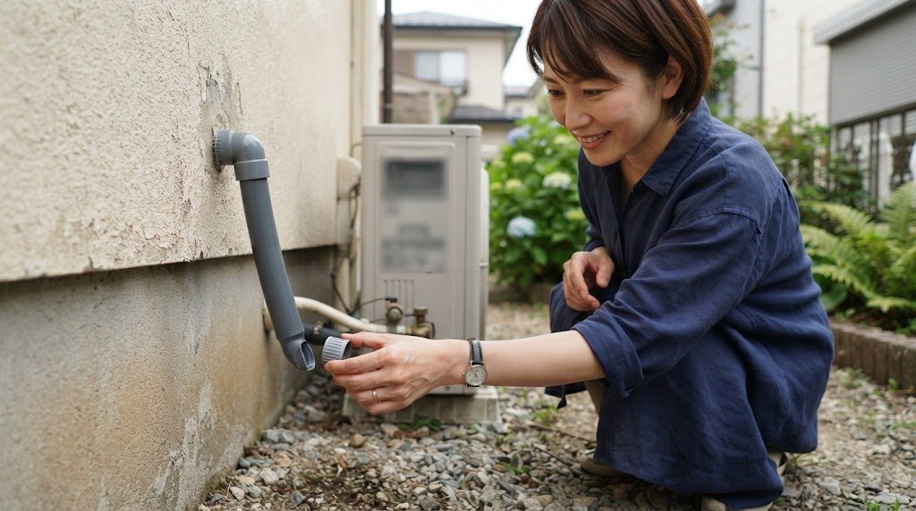 屋外の室外機の横で、女性が壁から下りたドレンホースの先に灰色の防虫キャップを差しこもうとしている様子