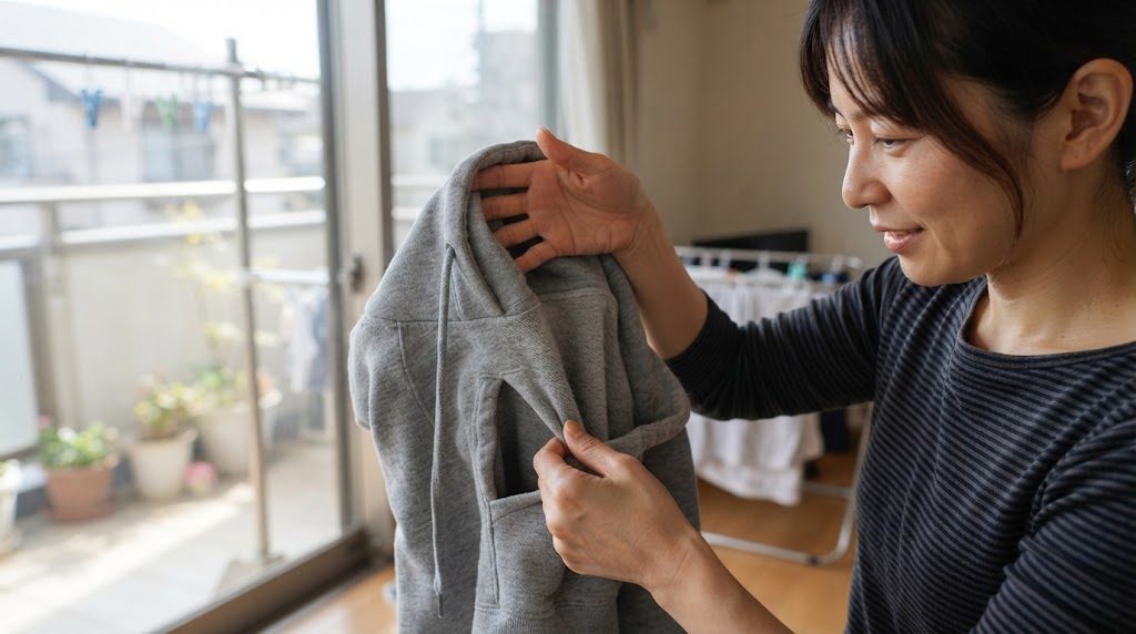 窓辺で、女性が取り込んだパーカーのフードの内側とポケットの口を広げて、目で見て確かめている様子