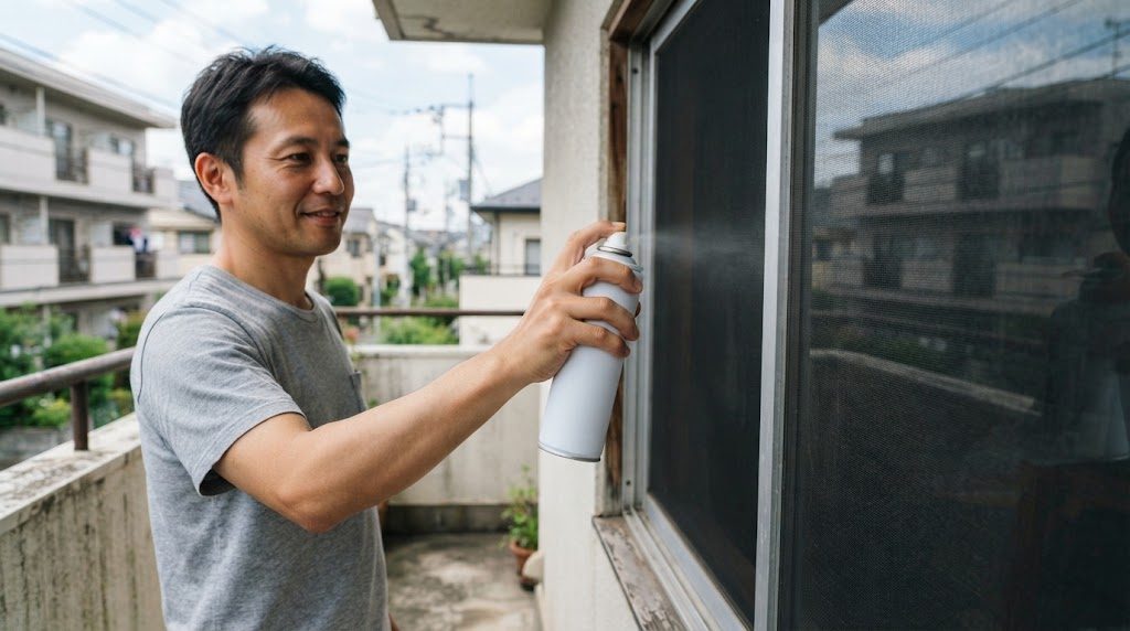 ベランダ側から、男性が無地の白いスプレー缶で窓枠と網戸の枠に向けて吹いている様子