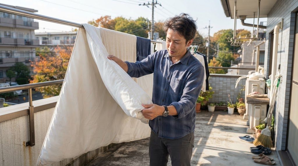 ベランダで、男性が干した敷き布団の端を持ち上げ、裏側を目で見て確かめている様子