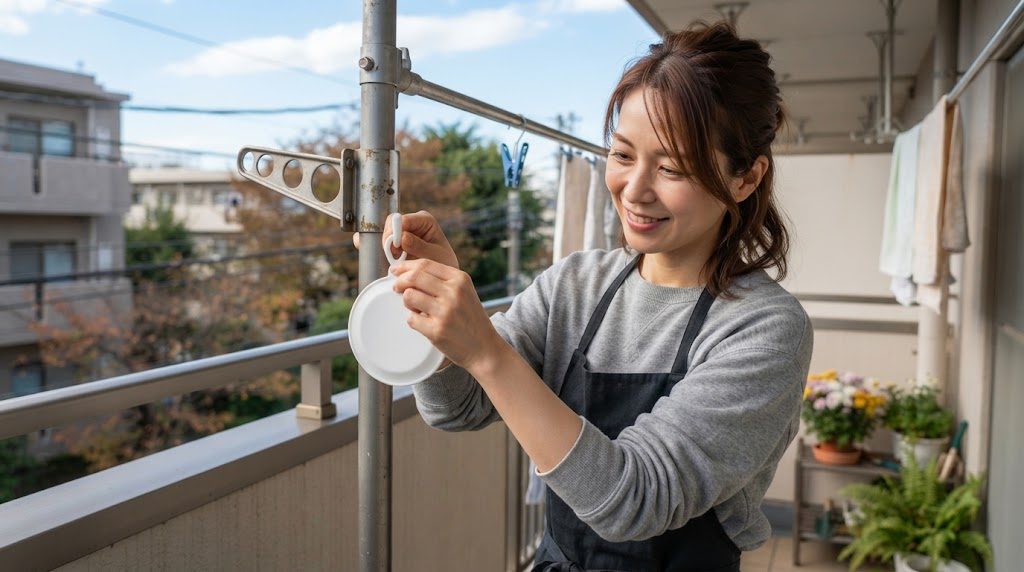 ベランダで、女性が白い無地の吊るす虫よけを物干しの金具のそばに掛けようとしている様子