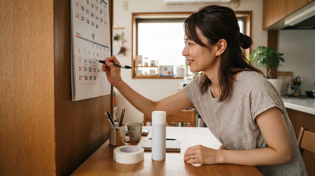 テーブルの前で、女性が壁掛けカレンダーの9月の欄にペンで丸をつけている様子。テーブルには隙間テープとスプレー缶が置かれている