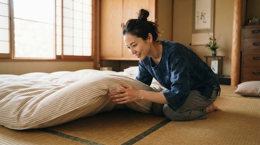 和室で、女性が敷いた布団の端に両手を添えて、布団のまわりを確かめている様子