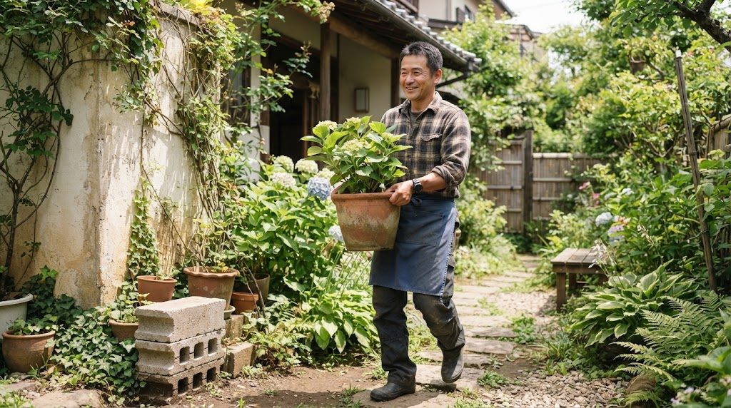 庭の壁ぎわから、男性が植木鉢を両手で持って、壁から離れた場所へ運んでいる様子。足元にはコンクリートブロックが見える