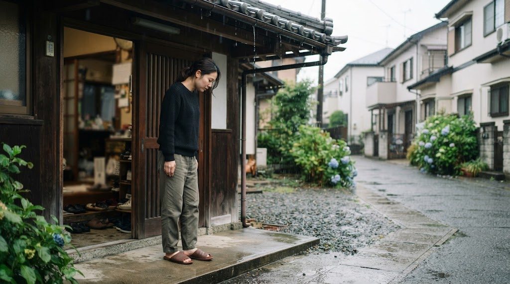 雨上がりの朝、女性が玄関の外に立って、足元のたたきと濡れた地面を見下ろして確認している様子