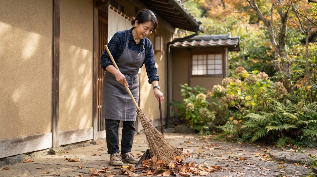 家の壁ぎわで、女性がほうきで落ち葉を掃き集め、ちりとりに入れようとしている様子