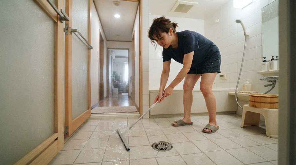 浴室で、女性が入浴後の床の水を水切りワイパーで排水口のほうへ押して切っている様子