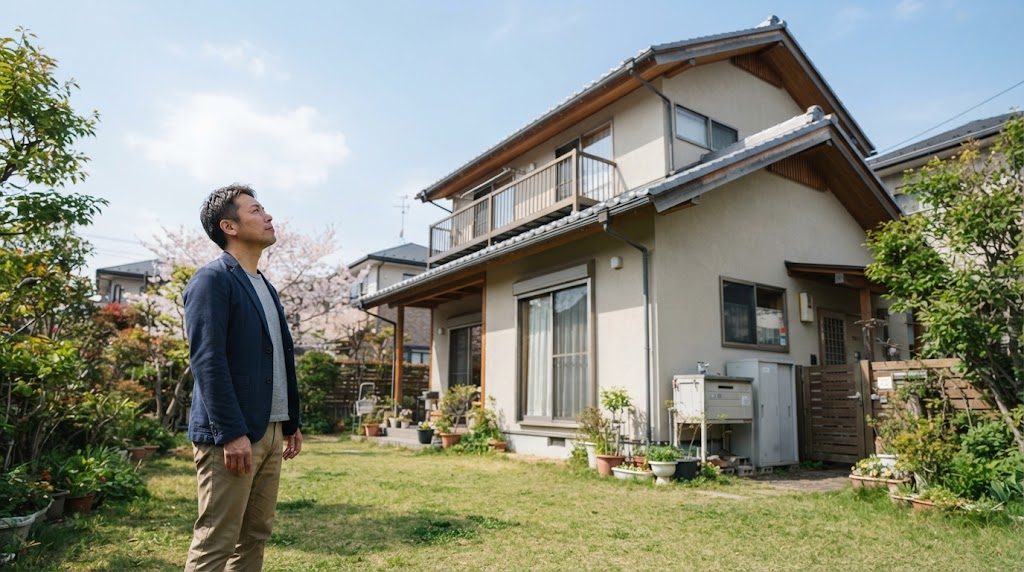 春の庭の端から、男性が家から十分離れた位置に立ち、軒下のほうを見上げている様子。家全体が見える引きの構図