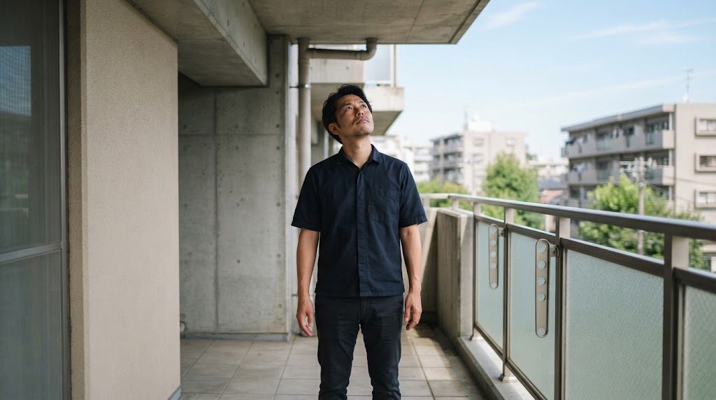 集合住宅のベランダの中ほどで、男性が両腕を下ろしたまま、離れた位置から天井のすみと手すりのほうを見上げて点検している様子