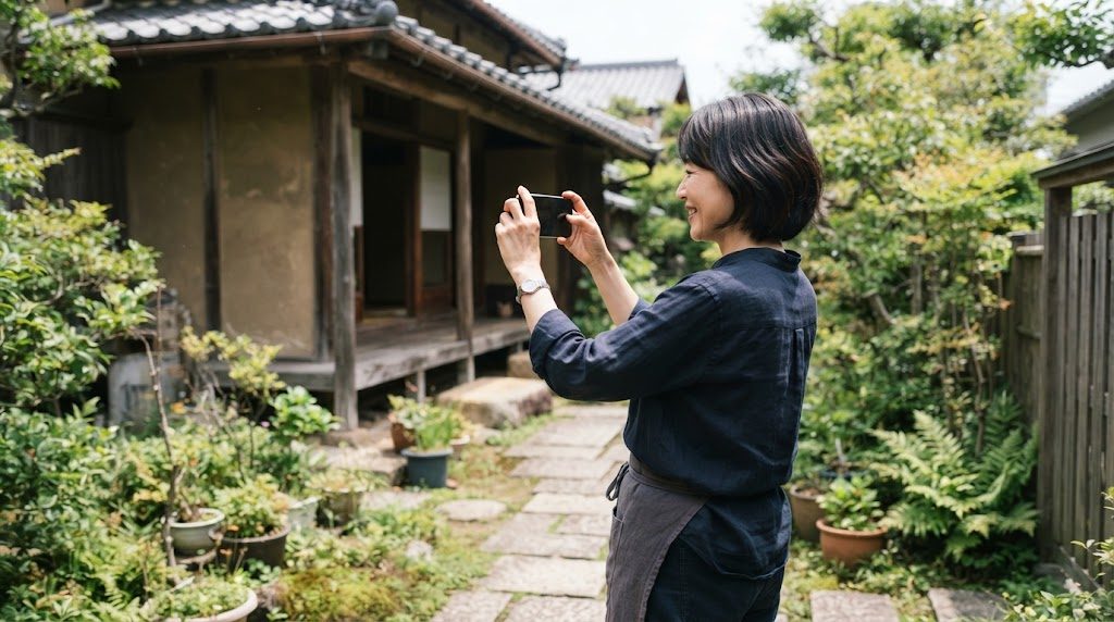 庭先で、女性が軒下から十分離れた位置に立ち、スマホを両手で構えて軒下のほうを撮影している様子
