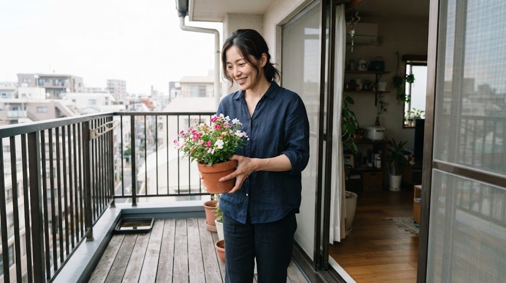 ベランダで、女性が花の咲いた小さな鉢植えを両手で持ち、手すりから離れた室内側へ移そうとしている様子