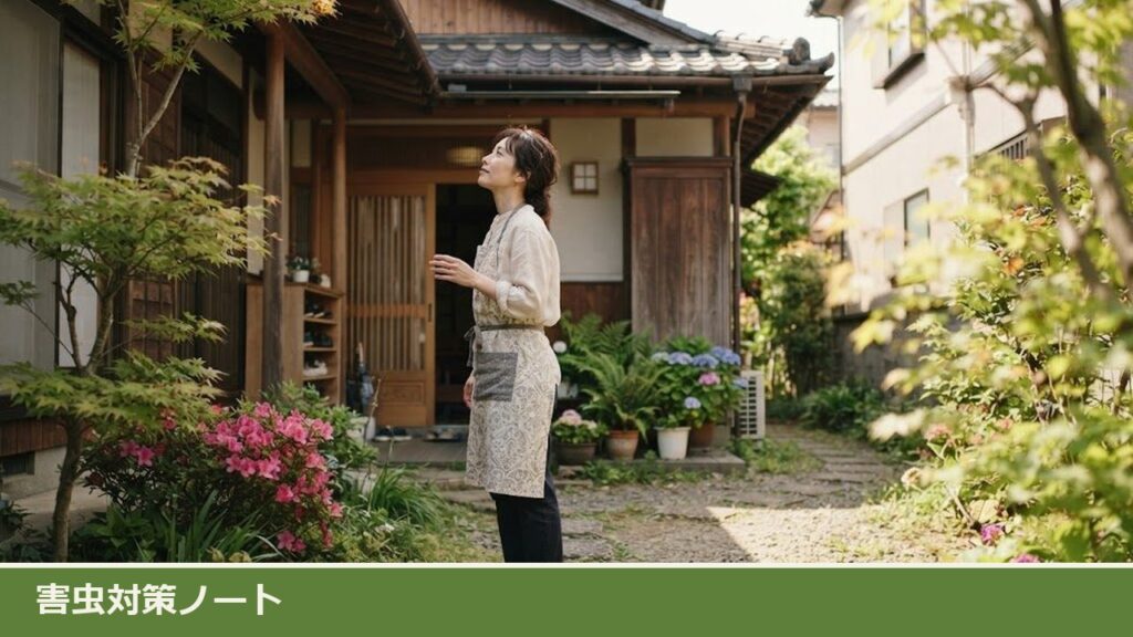 春の昼、庭に立った女性が、家の軒下のほうを離れた位置から見上げて確かめている様子