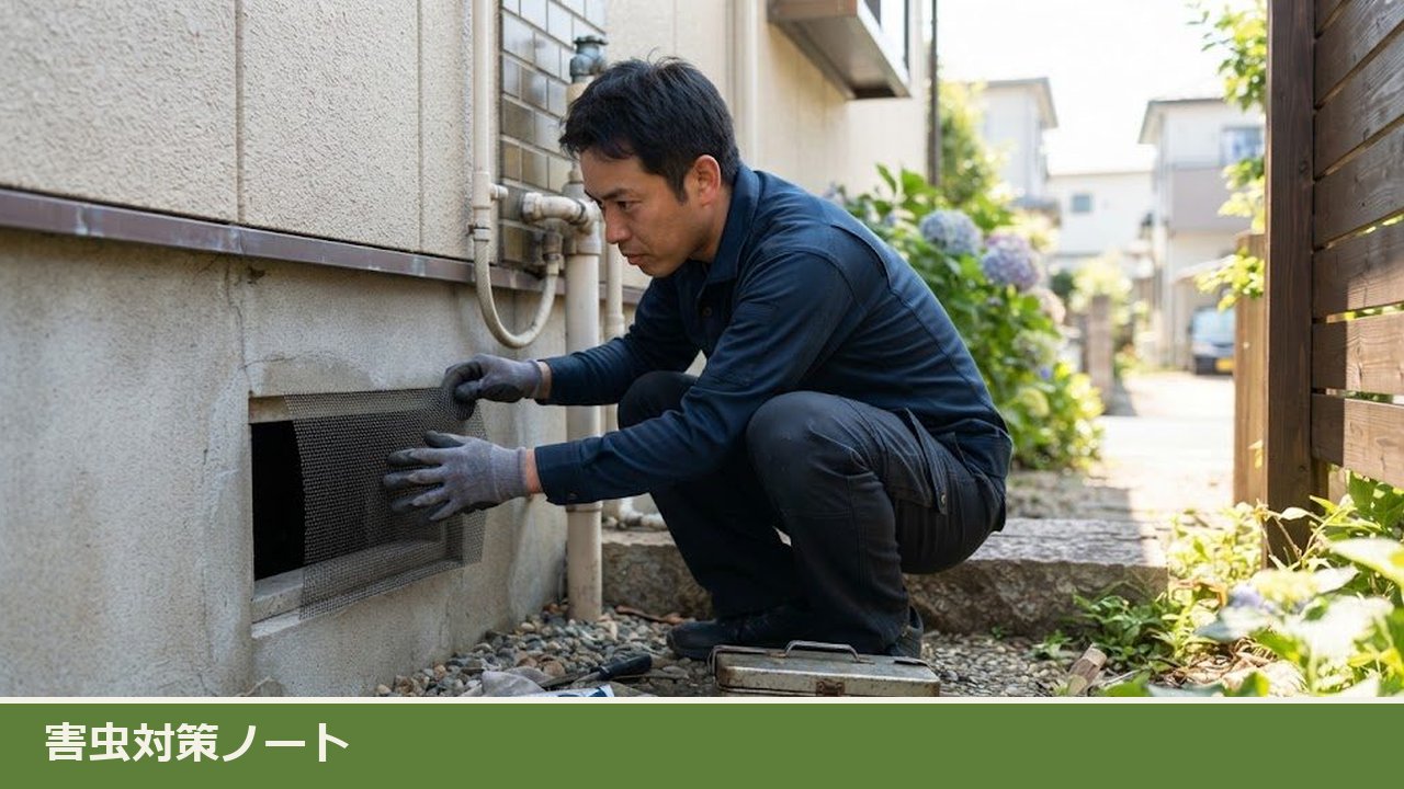 家の外壁の床下の通風口に、細かい網目の金網をあてがって隙間がないか確かめる作業着の男性。足もとに工具箱とパテのチューブが置かれている
