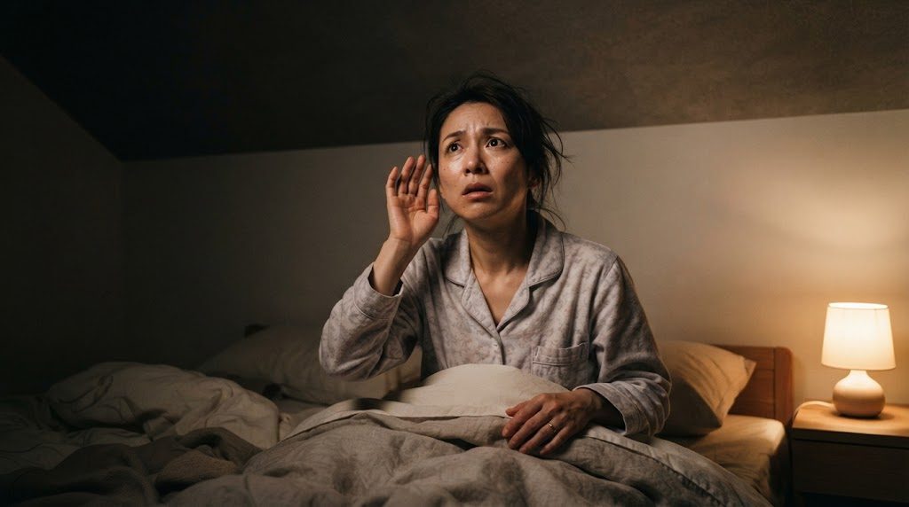 夜の寝室で、ベッドの上に起き上がった女性が、手を耳にあてて天井の物音に耳をすませている様子