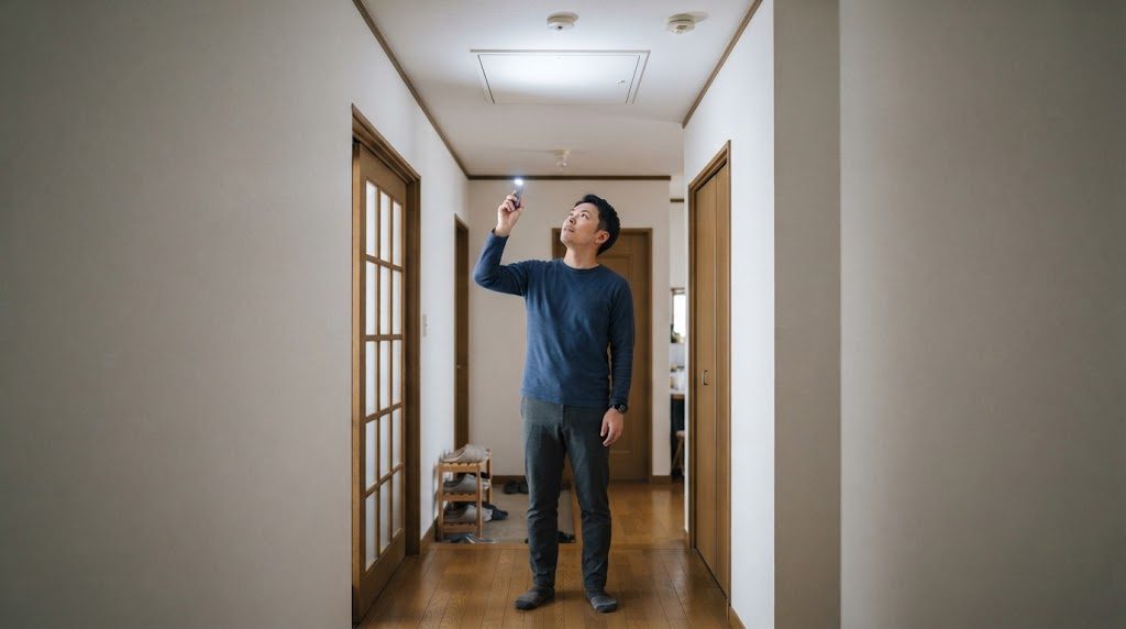 廊下の天井の点検口の下で、脚立には乗らず床に立ったまま、懐中電灯で点検口を見上げて確かめる男性