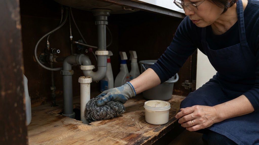 流しの下の収納で、配管が床板を抜ける穴の周りに、手袋をした手でステンレスたわしを詰める様子。横にパテの容器が置かれている