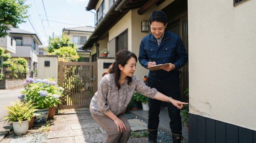 玄関先で、作業着の業者に向かって、住人の女性が家の外壁の下のほうの気になる箇所を指さして説明している様子